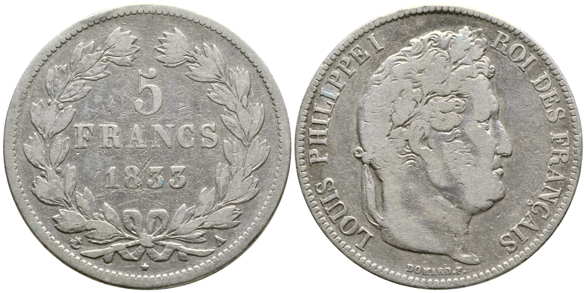 Франция 5 франков 1833 А, Луи Филипп I (1830-1848) KM 749.1 серебро 79-925