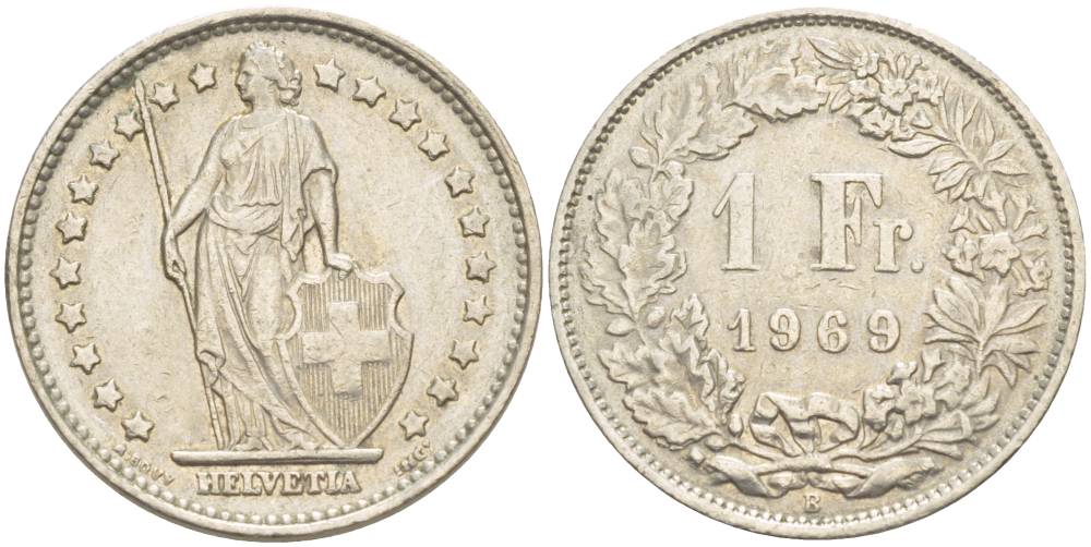 ШВЕЙЦАРИЯ 1 ФРАНК 1969 В KM 24а.1 медно-никель 4544-422