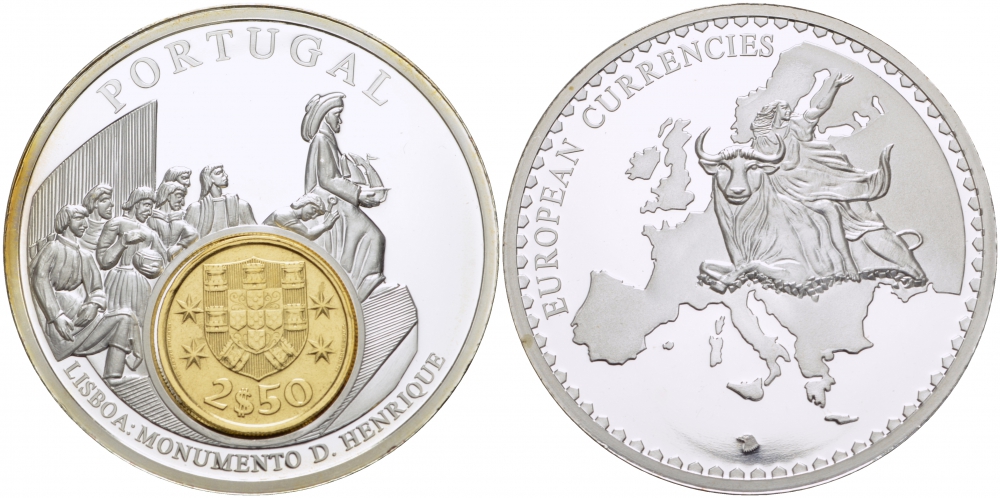 ПОРТУГАЛИЯ МЕДАЛЬ С МОНЕТОЙ ЕВРОПЕЙСКИЕ ВАЛЮТЫ, АРХИТЕКТУРА PROOF 01-240-51