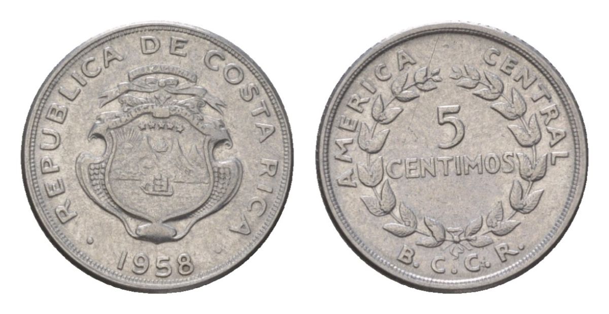 Коста-Рика 5 сентимо 1958 KM 184.1a нержавеющая сталь 4627-812