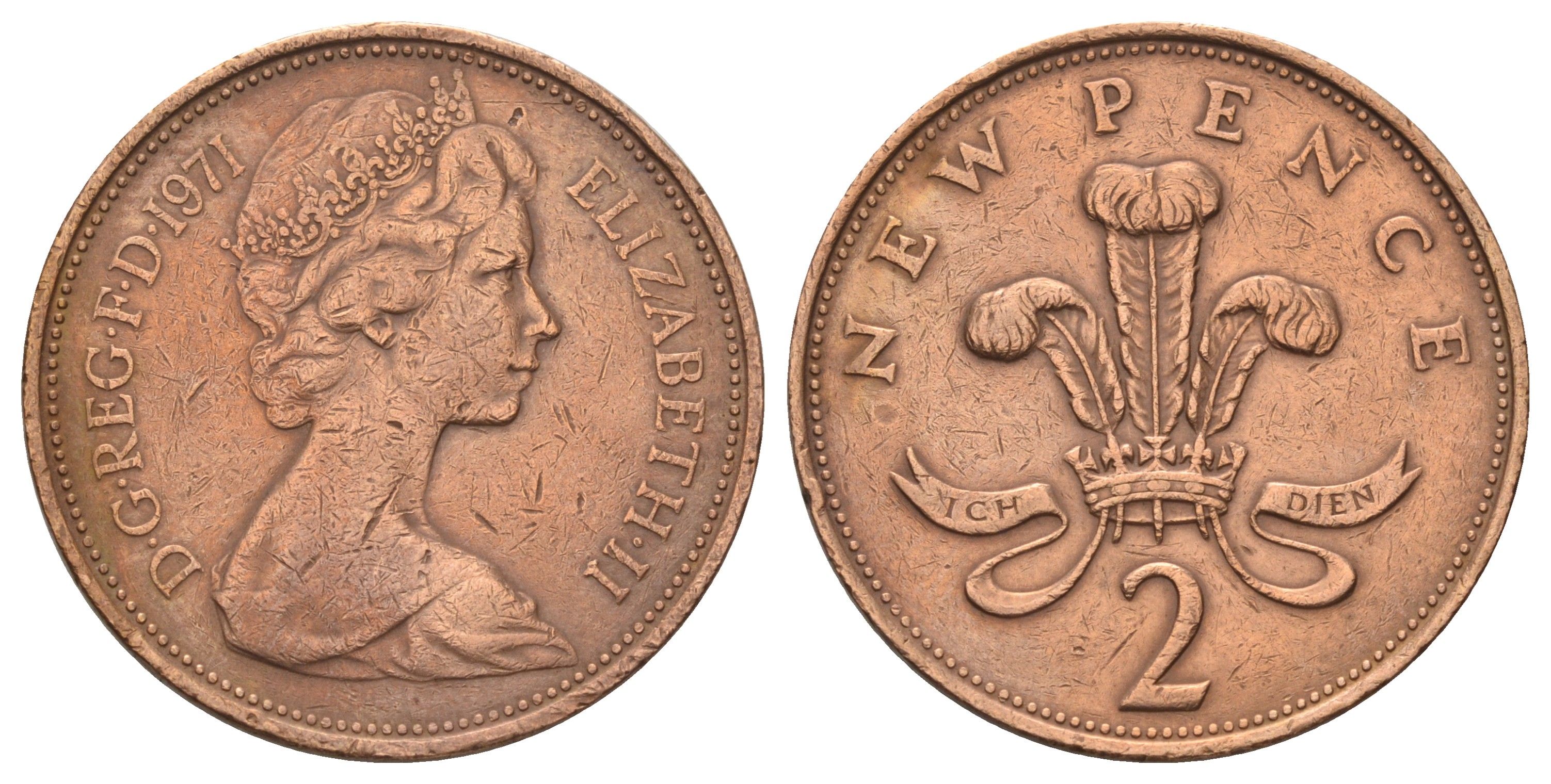 Великобритания 2 пенса 1971 Елизавета II (1952-2022) KM 916, Spink 4235 (C1) бронза 4671-455