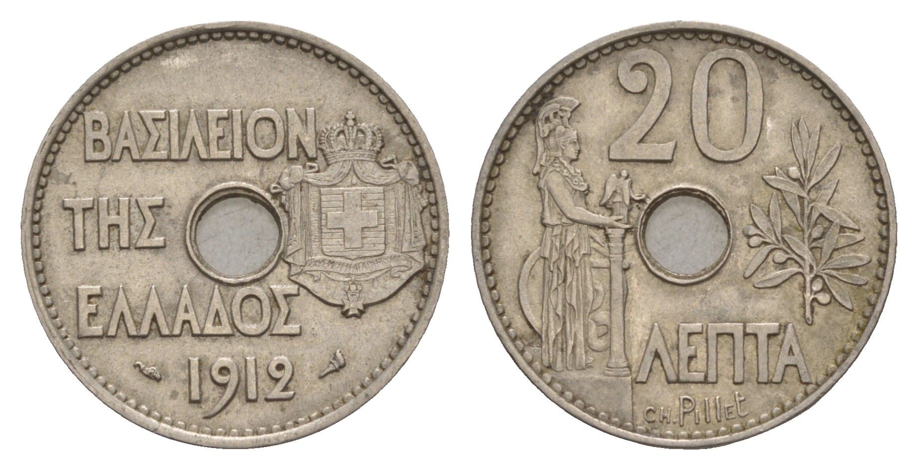 Греция 20 лепт 1912 Георг I (1863-1913), Афина KM 64 никель aUNC 4654-1114