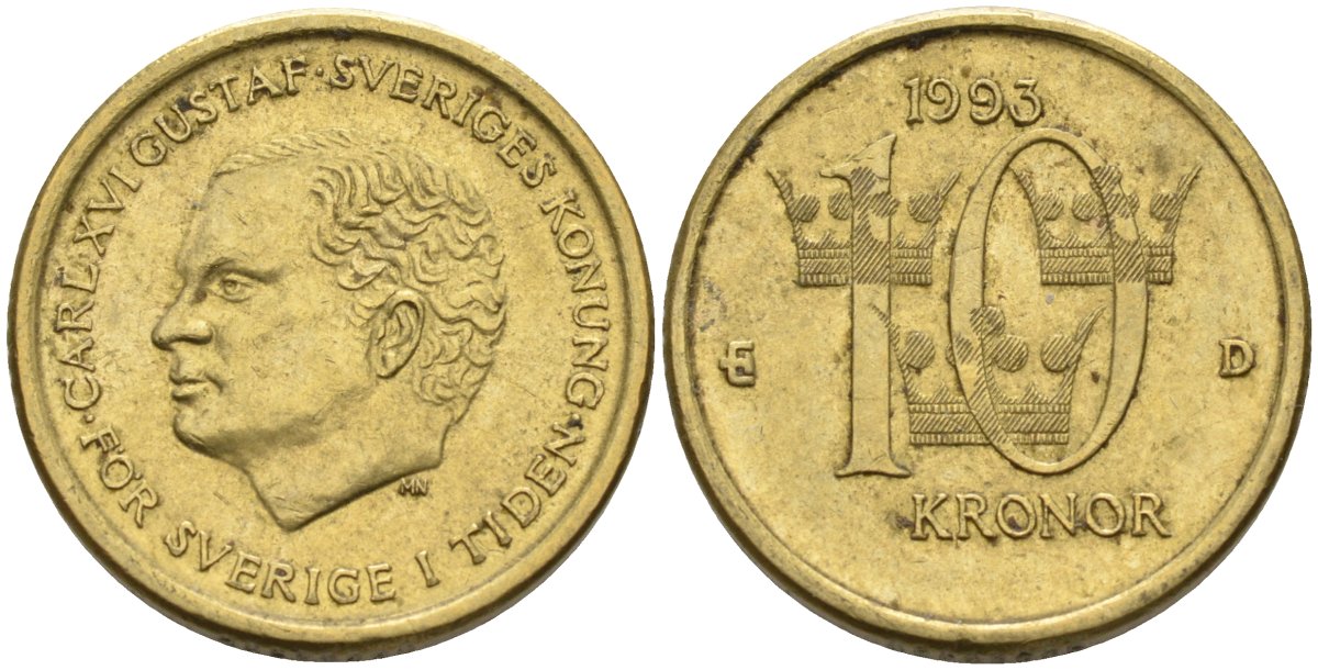 Швеция 10 крон 1993 B, Карл XVI Густав (1973- ) KM 877 медь алюминий цинк 4592-157