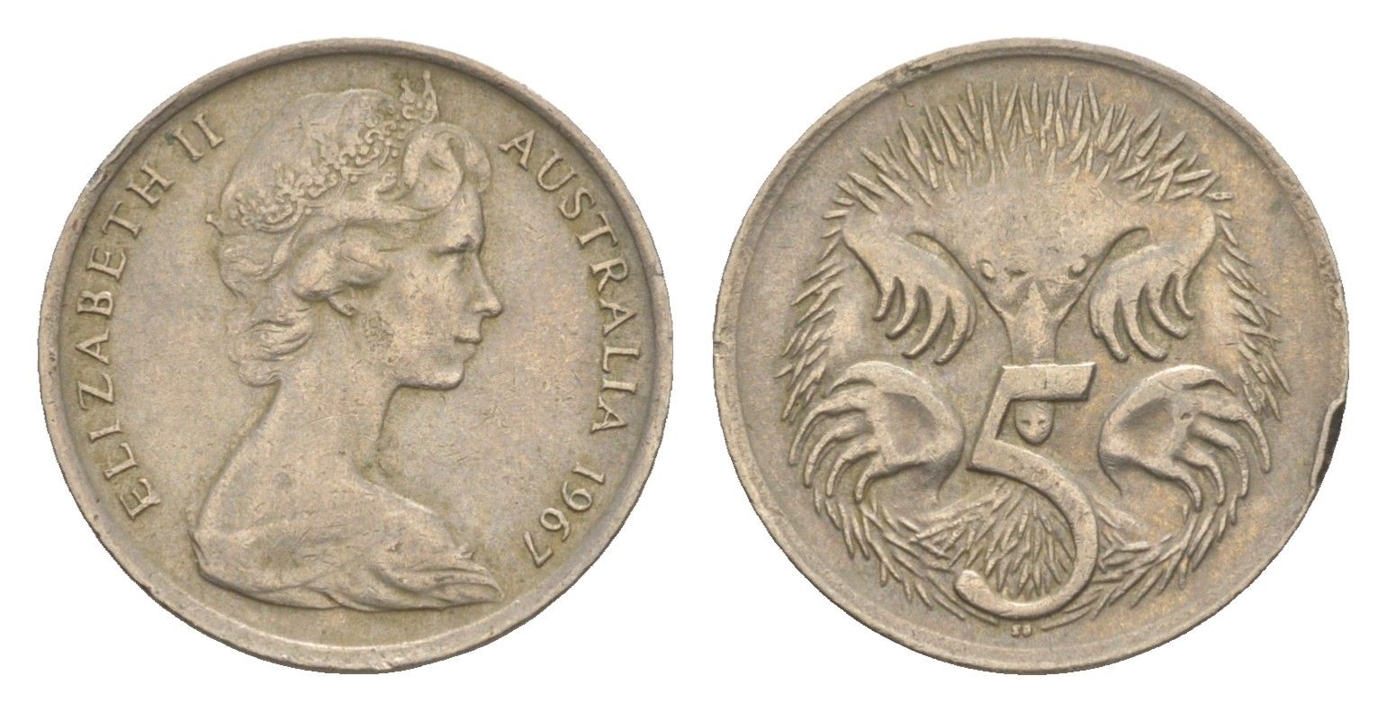 Австралия 5 центов 1967 Елизавета II (1952-2022) молодой портрет, ехидна KM 64 медно-никель 4151-335