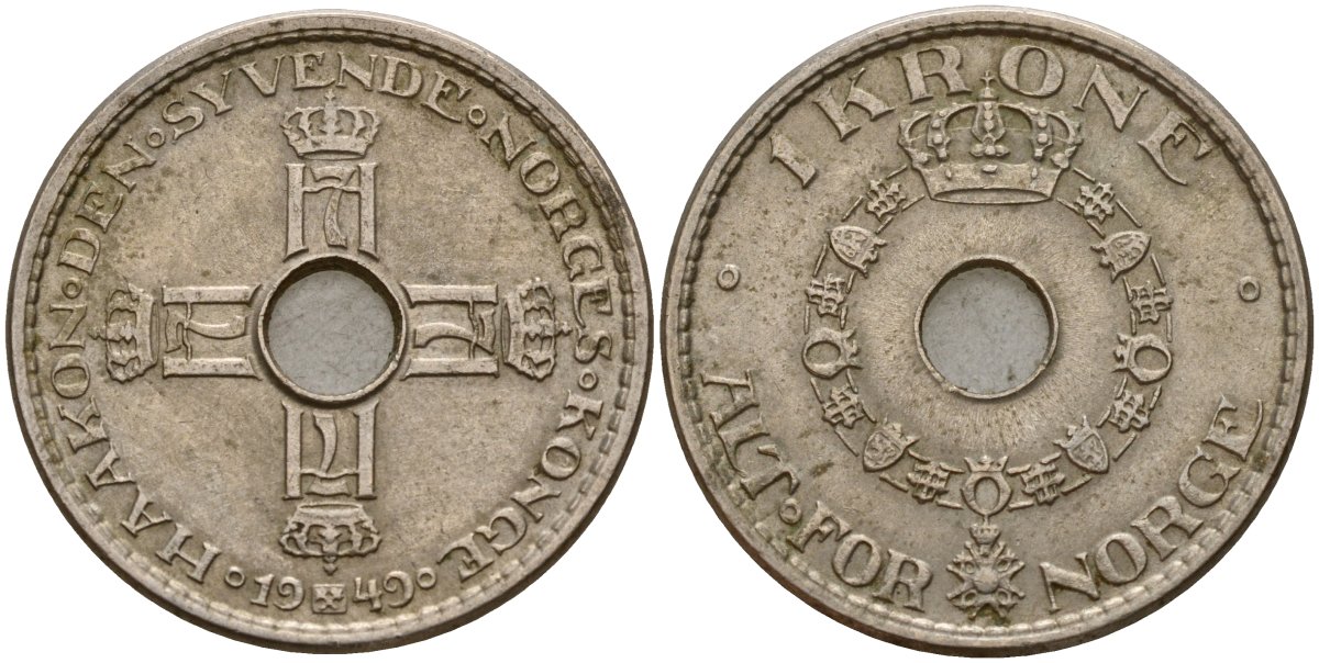 Норвегия 1 крона 1949 Хокон VII (1905-1957) KM 385 медно-никель 4187-925