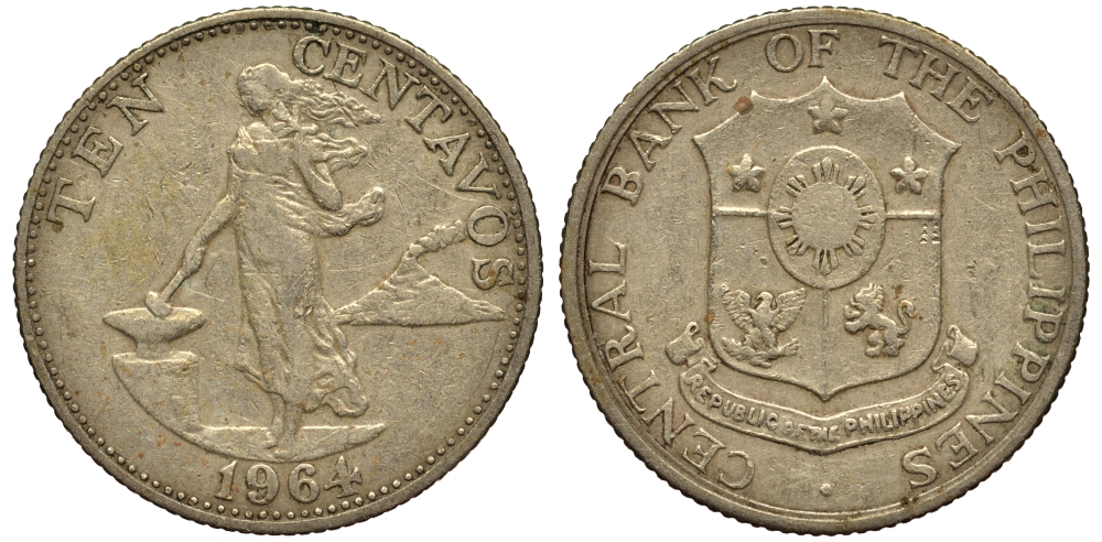 ФИЛИППИНЫ 10 СЕНТИМО 1964 KM 188 медь цинк никель VG 4181-312