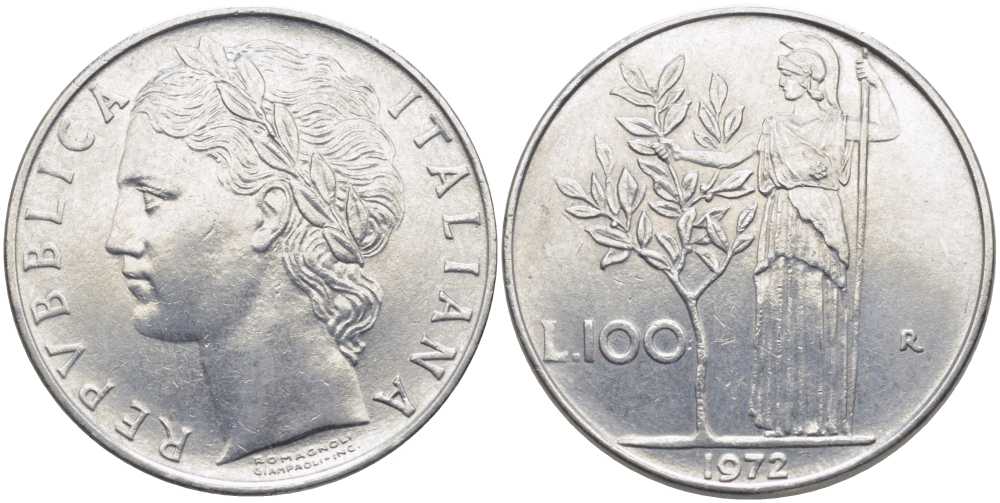 ИТАЛИЯ 100 ЛИР 1972 R, АФИНА KM 96.1 нержавеющая сталь 109-1144