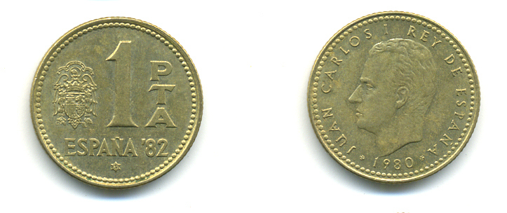 Испания 1 песета 1980 (82) чемпионат мира по футболу в Испании 1982 года, Хуан Карлос I (1975-) KM 816 алюминиевая бронза 177-127