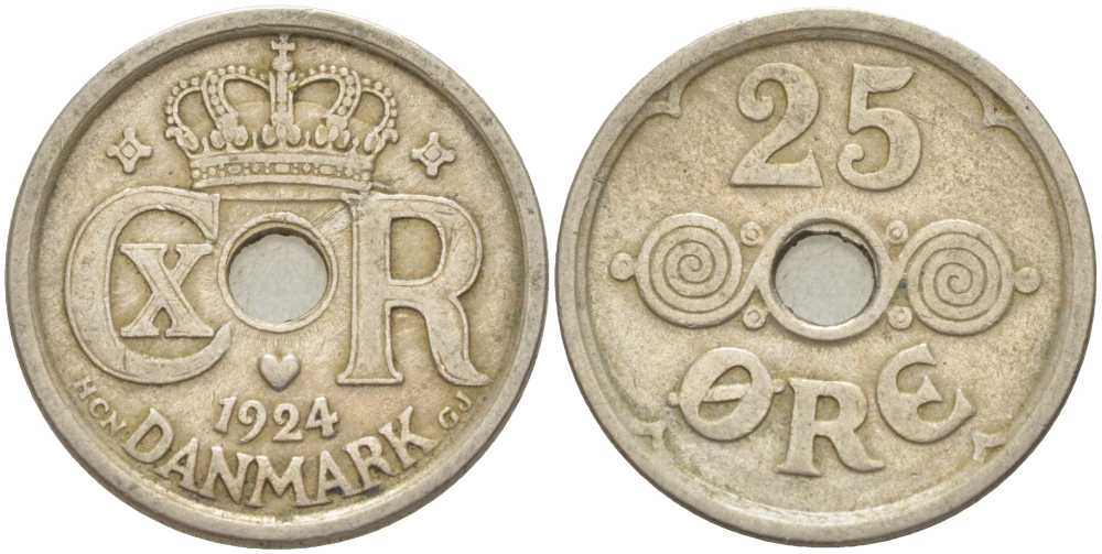 Дания 25 эре 1924 NCN; GJ Кристиан X (1912-1947) KM 823.1 медно-никель 212-943