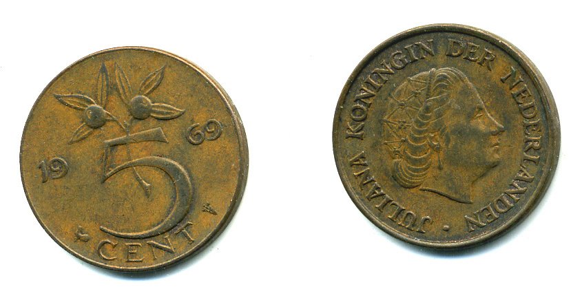 Нидерланды 5 центов 1969 Юлиана (1948-1980) KM 181 бронза 76-436