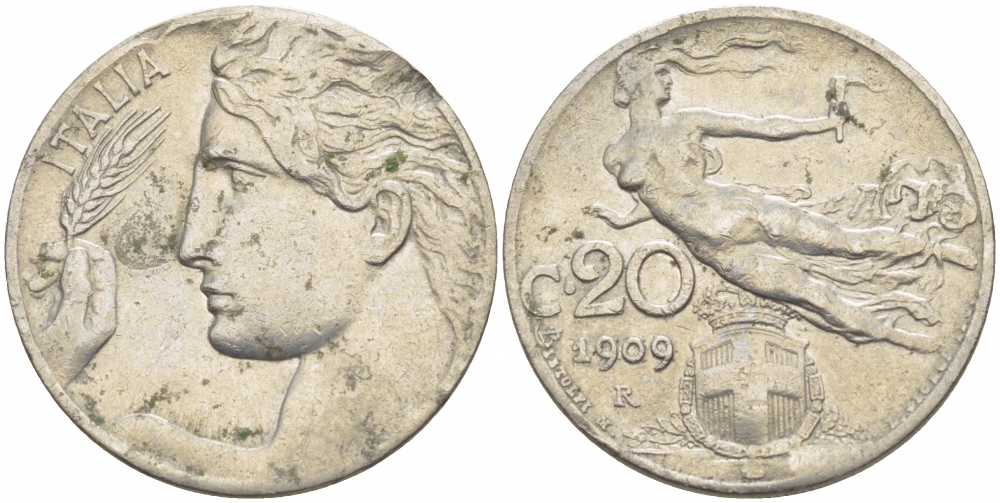 Италия 20 чентезимо 1909 R, Виктор Эммануил III (1900-1946) KM 44 никель 4548-123