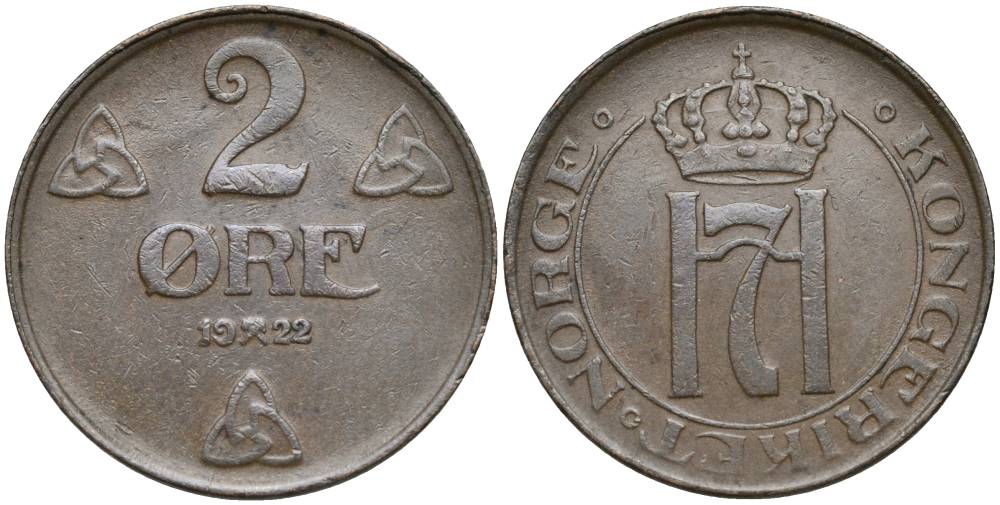 Норвегия 2 эре 1922 Хокон VII (1905-1957) KM 371 бронза 27-252