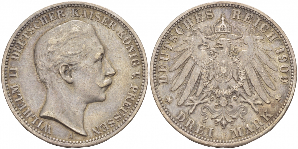 Пруссия 3 марки 1909 Вильгельм II (1888-1918) KM 527, J. 103 серебро 413-1444