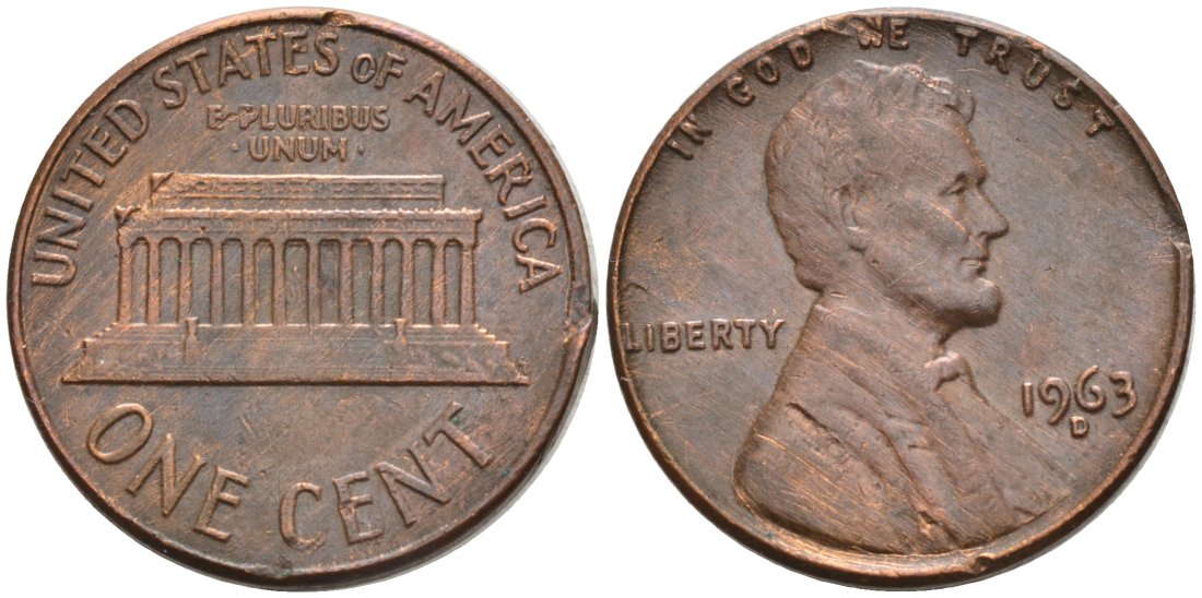 США 1 цент 1963 D, Линкольн KM 201 медь цинк 4564-429