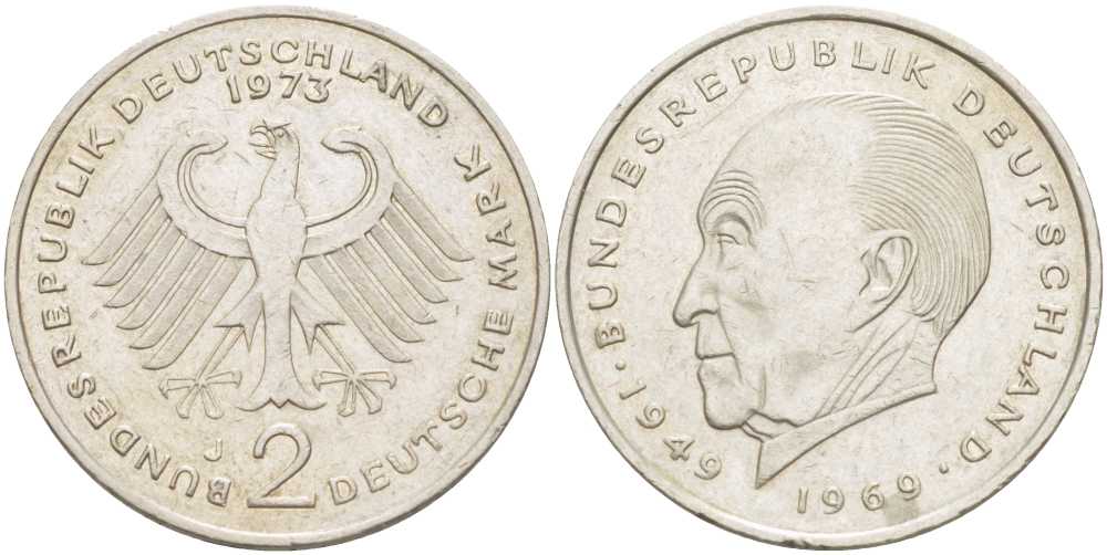 ФРГ 2 МАРКИ 1973 J, КОНРАД АДЕНАУЭР KM 124, J. 406 медно-никель плакированный никелем 117-651