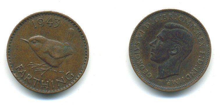 Великобритания 1 фартинг 1943 Георг VI (1936-1952) KM 843, Spink 4116 бронза 540-213