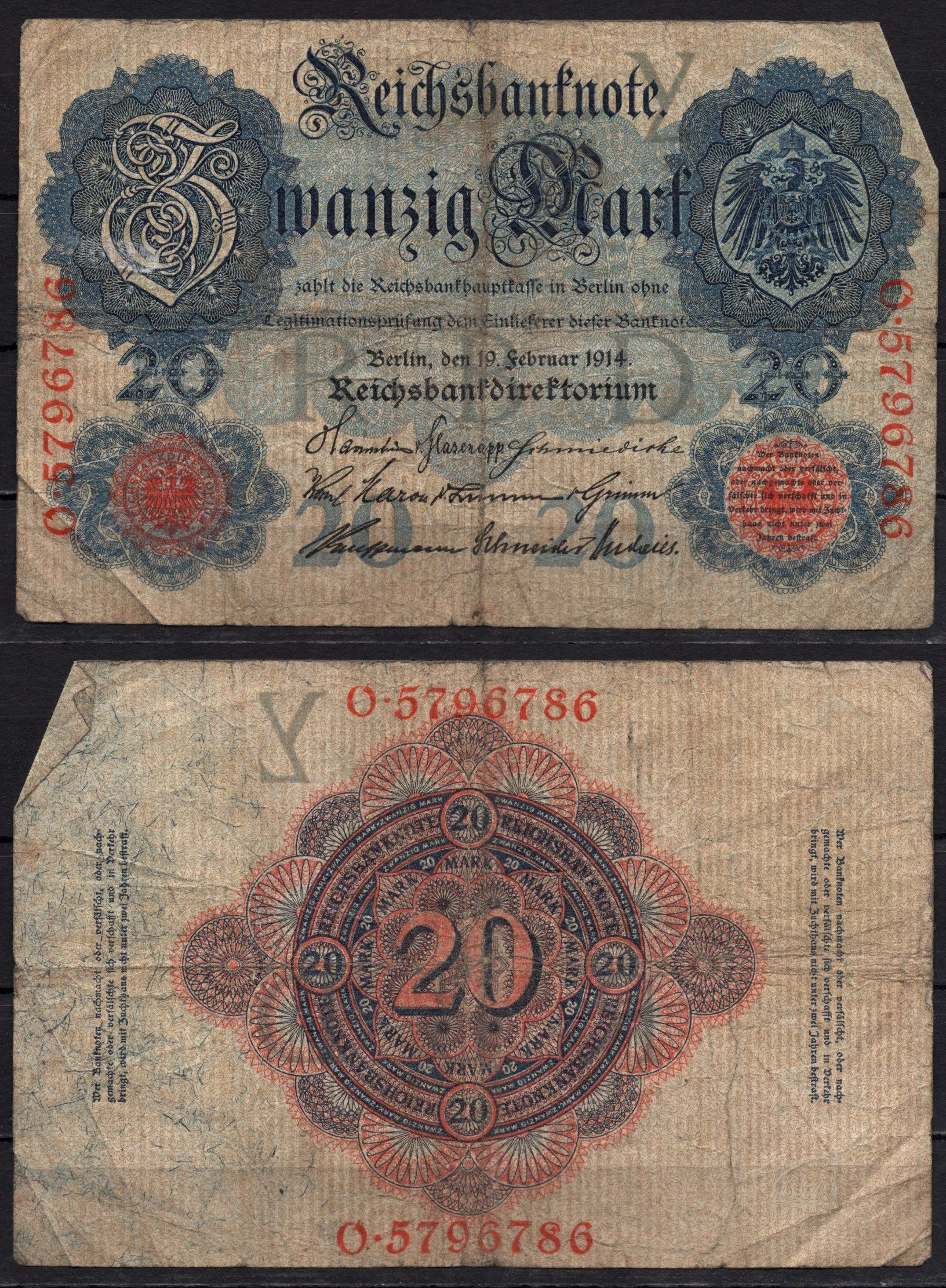 Германия 20 марок 1914 Pick 46b бумага 8592-24-3-1