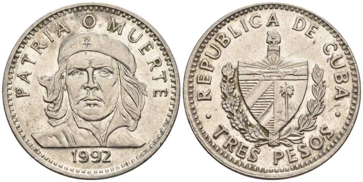 Куба 3 песо 1992 Эрнесто Че Гевара KM 346, JMA 98, Schoen C34 сталь плакированная никелем 4117-443