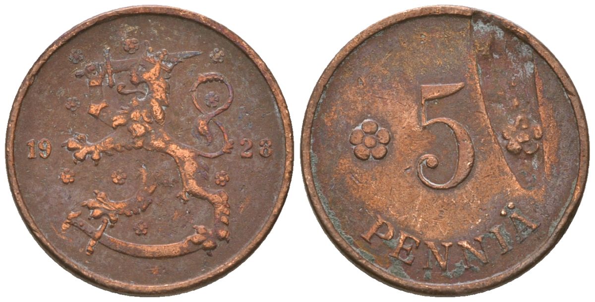 Финляндия 5 пенни 1928 KM 22 медь 4174-363