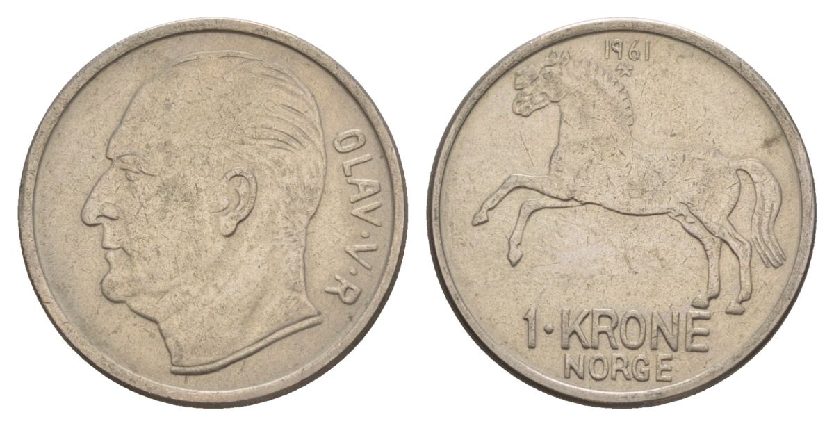 Норвегия 1 крона 1960 Улаф V (1957-1991) KM 409 медно-никель 4635-641