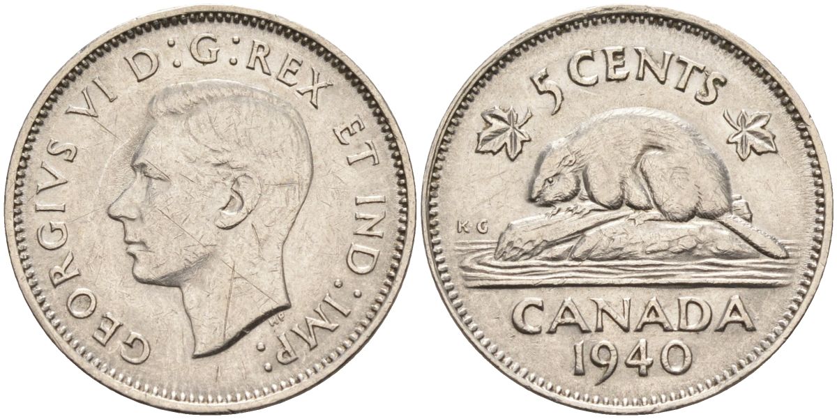 Канада 5 центов 1940 бобр, Георг VI (1937-1952) KM 33 никель 4592-947