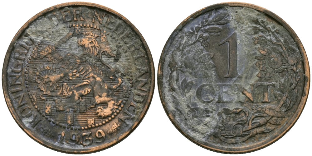 Нидерланды 1 цент 1939 Вильгельмина (1890-1948) KM 152 бронза 4576-1141