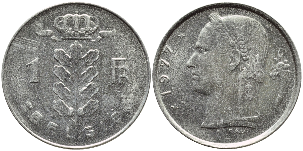 БЕЛЬГИЯ 1 ФРАНК 1977 BELGIE KM 143.1 медно-никель 4379-455