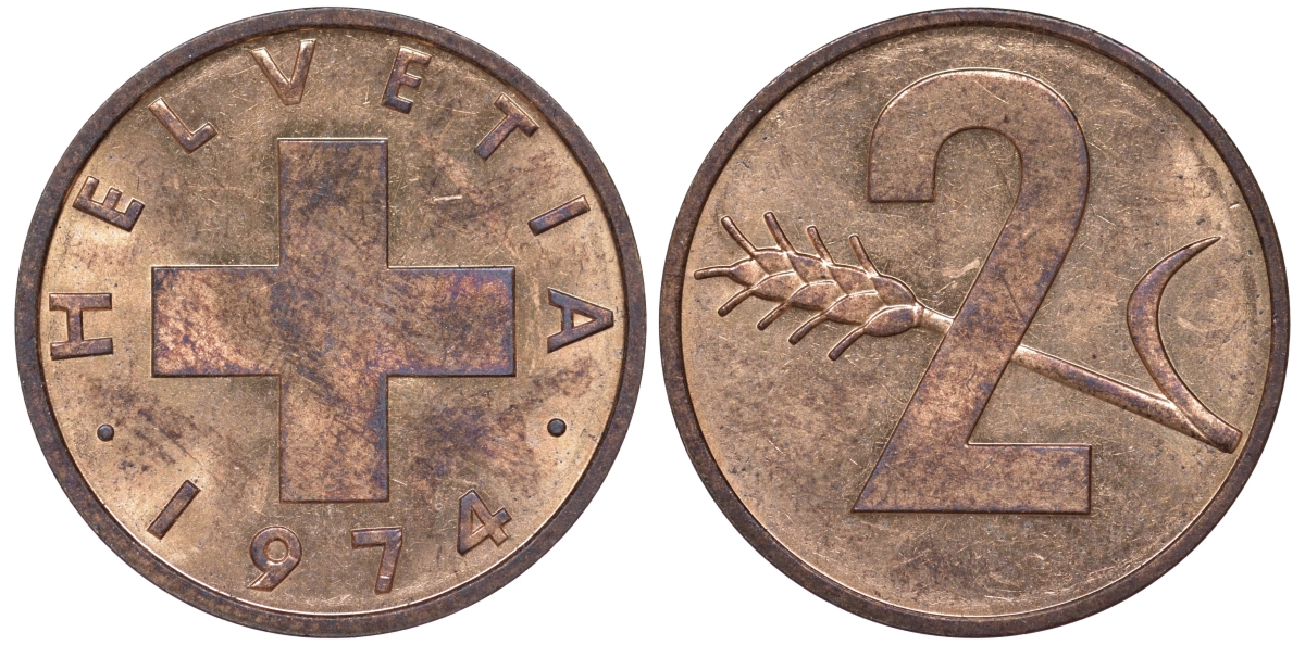 Швейцария 2 раппена 1974 KM 47 бронза 4596-436