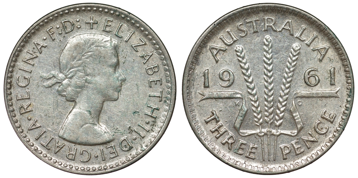 Австралия 3 пенса 1961 m, Елизавета II (1952-2022) KM 57 серебро 71-767