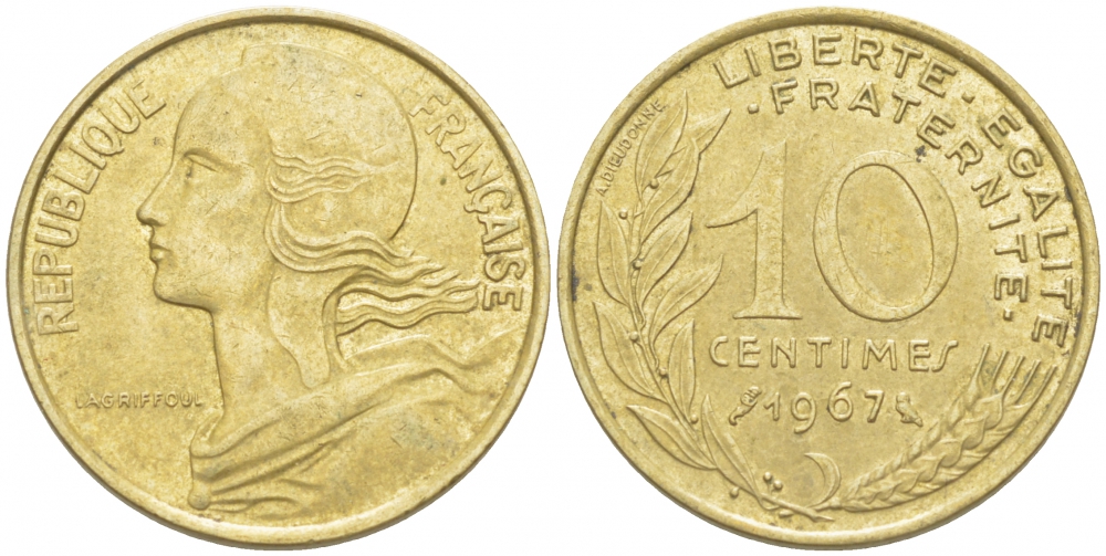ФРАНЦИЯ 10 САНТИМОВ 1967 ТИП MARIANNE KM 929 медь алюминий никель 4516-839