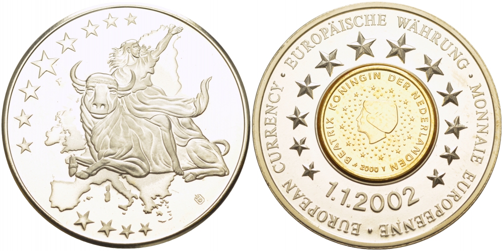 НИДЕРЛАНДЫ МЕДАЛЬ 2002 МОНЕТА НА МЕДАЛИ, СЕРИЯ ПЕРВЫЕ ЕВРОМОНЕТЫ, НИДЕРЛАНДЫ 1 ЕВРОЦЕНТ 2000 , ПОХИЩЕНИЕ ЕВРОПЫ, ДИАМЕТР 35 ММ. медно-никель PROOF 06-255-13