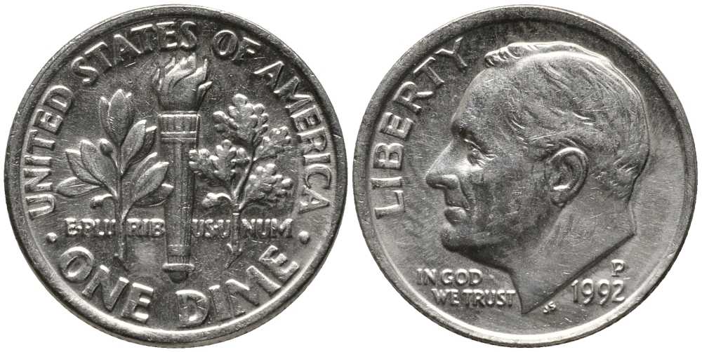 США 10 ЦЕНТОВ = 1 ДАЙМ 1992 Р, РУЗВЕЛЬТ KM 195а медь плакированная медно-никелем 112-637
