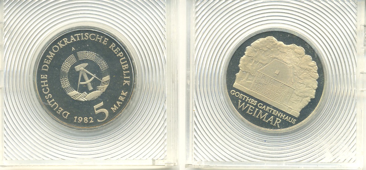 ГДР 5 марок 1982 А, Веймар, садовый домик Гете, тираж 5500 экз., в оригинальной упаковке, с печатью KM 85 PROOF 5-3-1-04