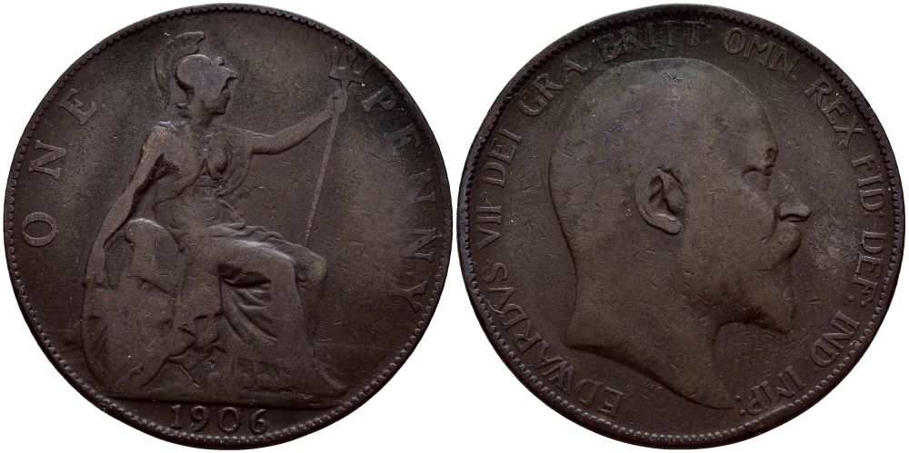 Великобритания 1 пенни 1906 Эдуард VII (1901-1910) KM 794.2, Spink 3990 бронза 75-312