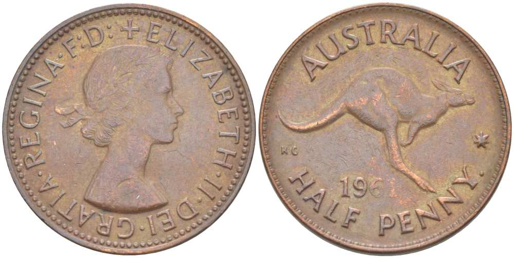 Австралия 1/2 пенни 1961 p, Елизавета II (1952-2022), кенгуру KM 61 бронза 4514-842