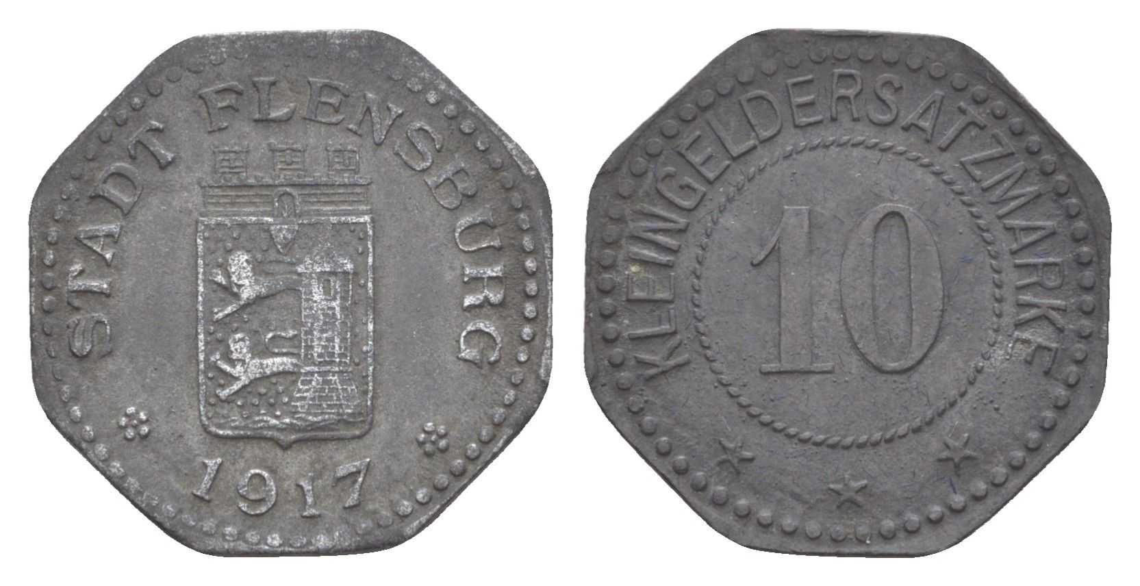 Фленсбург 10 пфеннигов 1917 Funck 131.3, Men05 7331.6, Men18 9227.6 цинк 4636-732