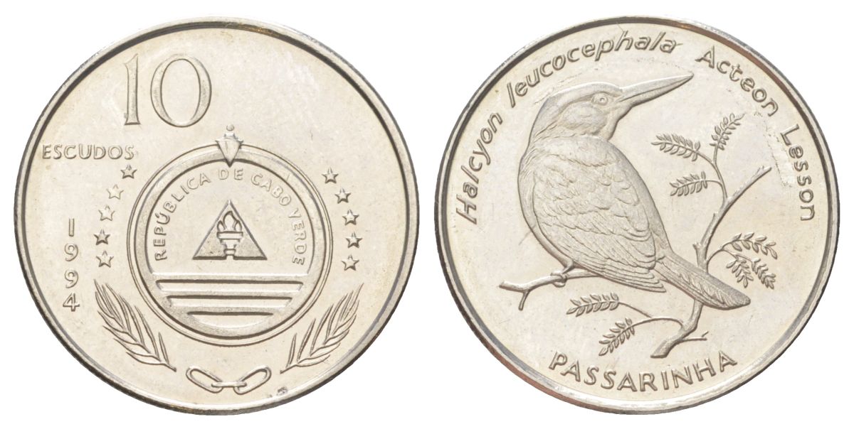 Кабо-Верде 10 эскудо 1994 Птицы - Сероголовая альциона (halcyon leucocephala) KM 29 сталь плакированная никелем UNC 4625-551
