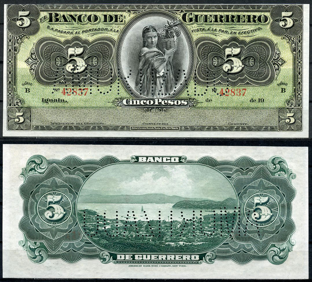 Мексика, Banco de Guerrero 5 песо ND (19__) девушка с корзиной фруктов, Акапулько, серия B, AMORTIZADO Pick S 298c  бумага  UNC (пресс) 451-451-2