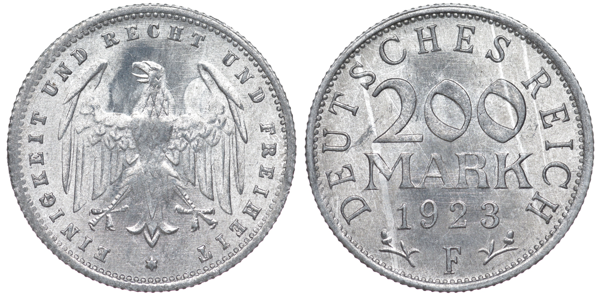 Германия 200 марок 1923 F KM 35, J. 304, Weege 22 алюминий 4604-624