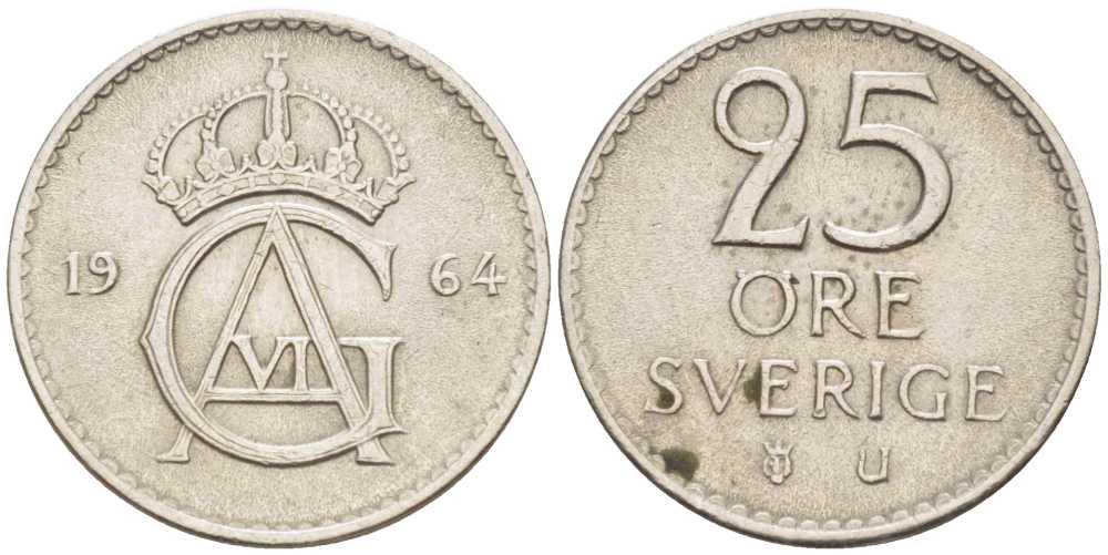 Швеция 25 эре 1964 Густав VI Адольф (1950-1973) KM 836 медно-никель 105-748