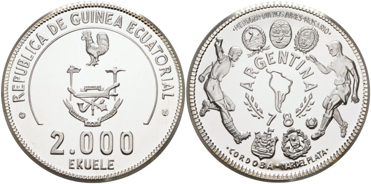 Экваториальная Гвинея 2000 экуэле 1979 чемпионат мира по футболу в Аргентине 1978 года, вес 42,87 гр., тираж 195 экз. KM 38 серебро PROOF 04-320-43