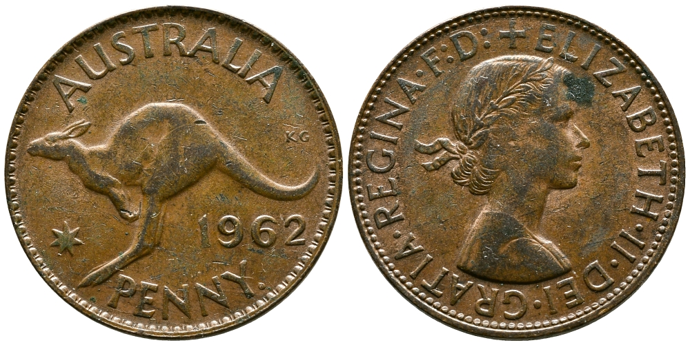 Австралия 1 пенни 1962 p, Елизавета II (1952-2022), кенгуру KM 56 бронза 4580-132