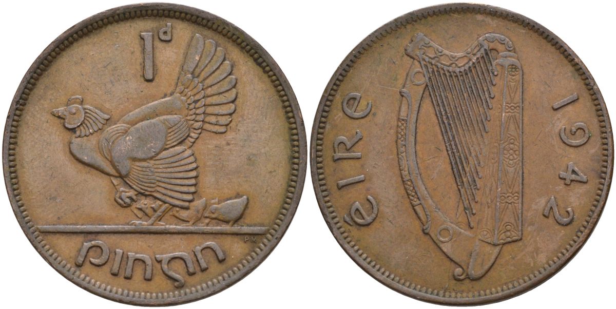 Ирландия 1 пенни 1942 курица с цыплятами KM 11 бронза 4149-334