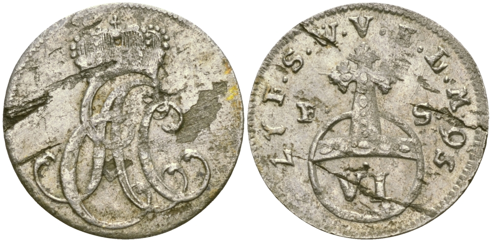 Саксен-Веймар-Эйзенах 6 пфеннигов 1756 FS, Эрнст Август II Константин (1748-1758), монограмма KM 15 , Merseburger 3979 серебро    99-969