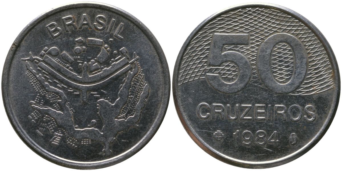 Бразилия 50 крузейро 1984 KM 594.1, Schon 103 нержавеющая сталь 4519-416