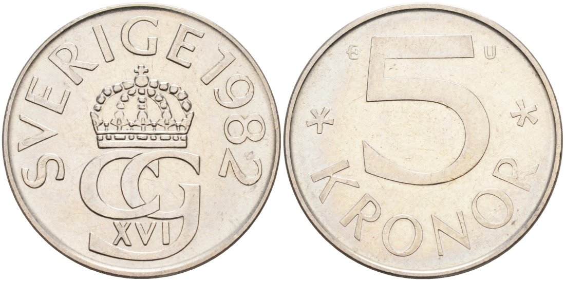 Швеция 5 крон 1982 U, Карл XVI Густав (1973- ) KM 853 медно-никель 4572-211