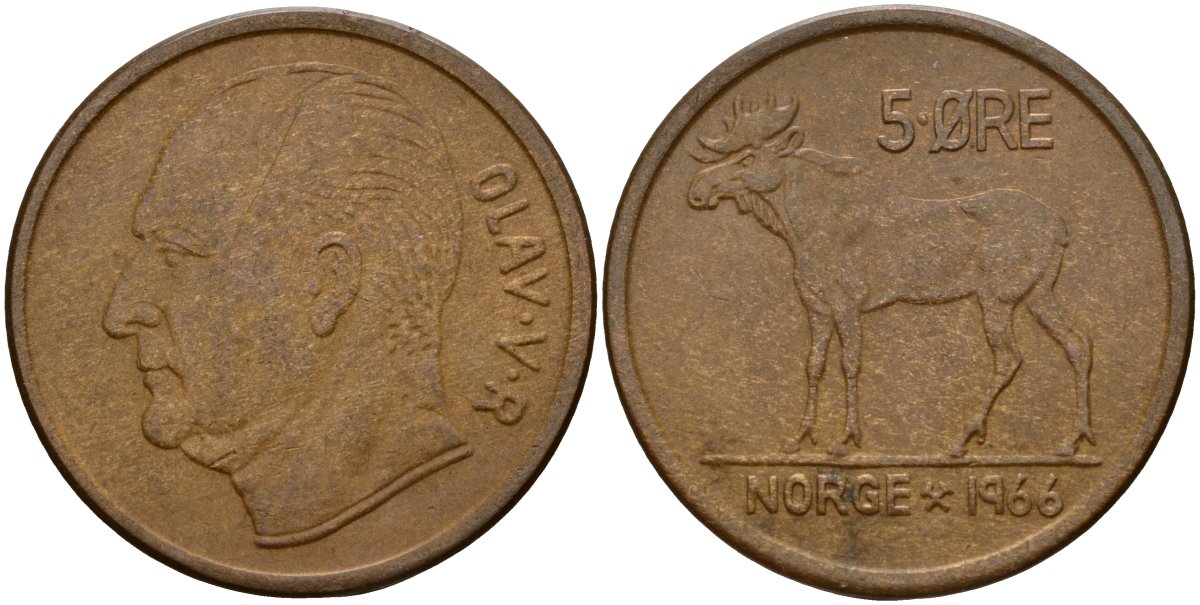 Норвегия 5 эре 1966 Улаф V (1958 - 1991) KM 405 бронза 4156-254
