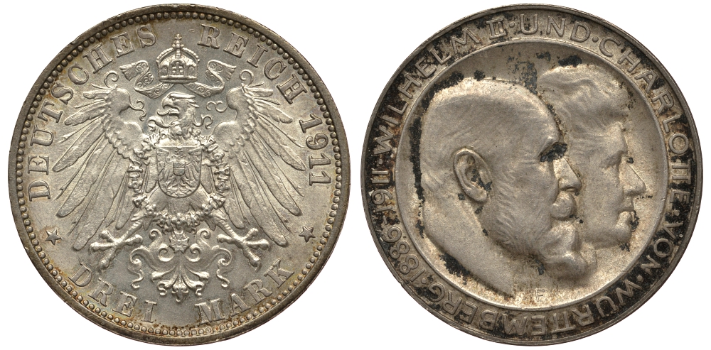 Вюртемберг 3 марки 1911 F, серебрянная свадьба Вильгельма II и Шарлотты Weege 173a, J. 177a, KM 636 серебро 413-5635