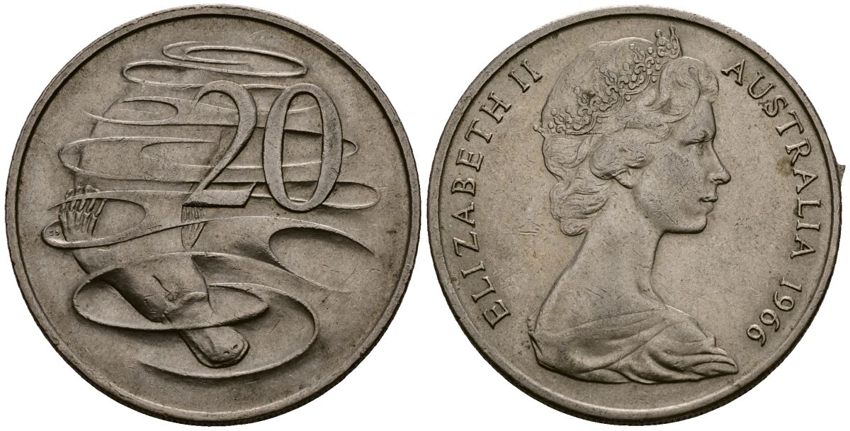 Австралия 20 центов 1966 Елизавета II (1952-2022), утконос KM 66 медно-никель 4168-926