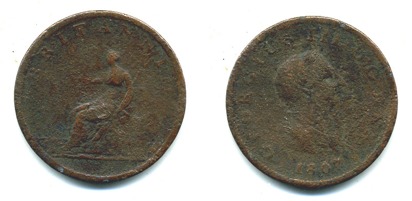 Великобритания 1/2 пенни 1807 Георг III (1760-1820) KM 662, Spink 3781 медь 4383-926